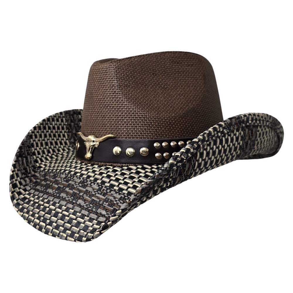 Metal Steer Head Pointed Faux Leather Band Western Straw Cowboy Fedora Hat